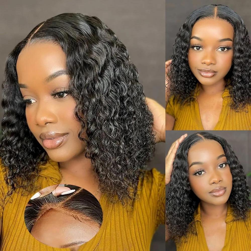 Human Hair Curly Wave Bob Wig 13×4×1 TPart 180% Density 12 Inch